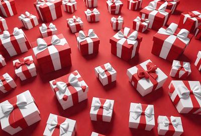 The primary subject of the image is a large number of red and white gift boxes. These boxes are arranged in various positions, creating a visually appealing and festive scene. The setting is a red background, which adds to the overall atmosphere of the image. The visual style is a combination of photo and digital art, as the gift boxes are realistic yet have a digital quality to them. The colors and mood of the image are predominantly red and white, which are associated with gifts and celebrations.